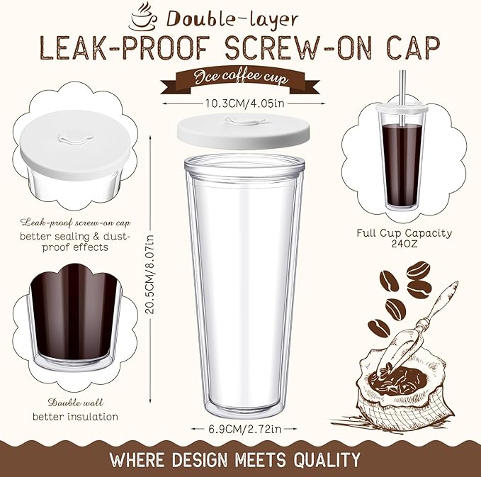 Honeydak 2 Pack 24 oz Reusable Iced Coffee Cups with Lids and Straws Leakproof Double Wall Insulated Clear Plastic Iced Coffee Tumblers with Straw Brushes