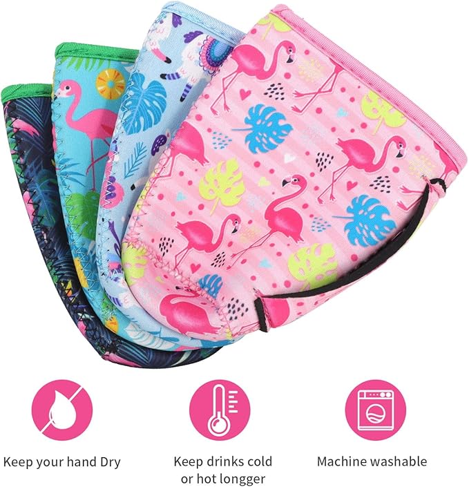 4Pack Reusable Iced Coffee Sleeve Insulator Sleeves for Cold Drinks Beverages, Neoprene Cup Holder for Most Coffee, Fits 22-24oz Medium Cups (Flamingo with handle)