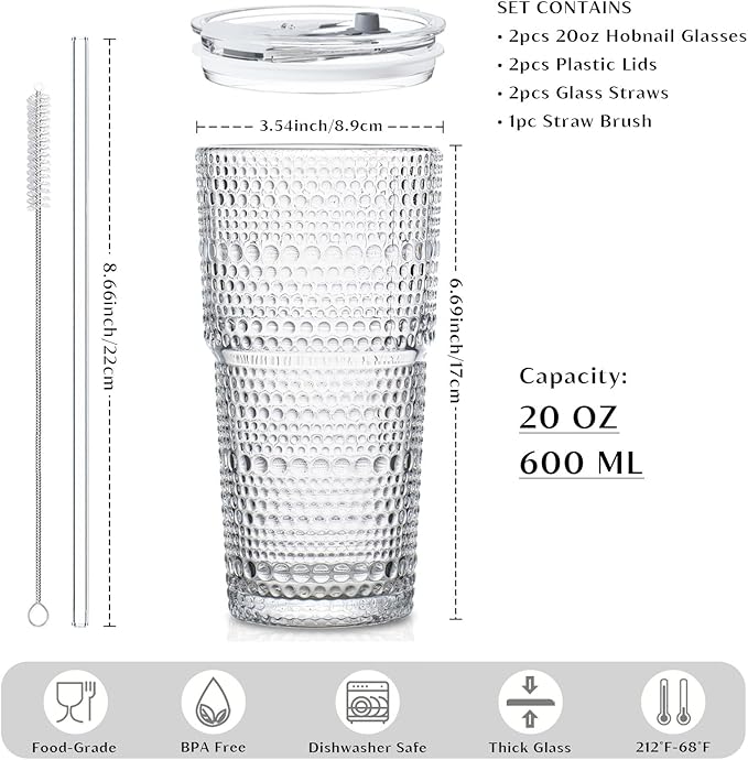 INSETLAN 20oz Hobnail Glass Cups with Lids and Glass Straws – 2 Pieces, Thick-Walled Glass Tumblers for Iced Coffee, Smoothies, Milk, Water, Juice, and More – Elegant and Durable Drinking Glasses