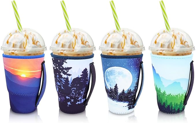 4Pack Reusable Iced Coffee Sleeve Insulator Sleeves for Cold Drinks Beverages, Neoprene Cup Holder for Most Coffee, Fits 30-32oz Large Cups (Nature Landscape)