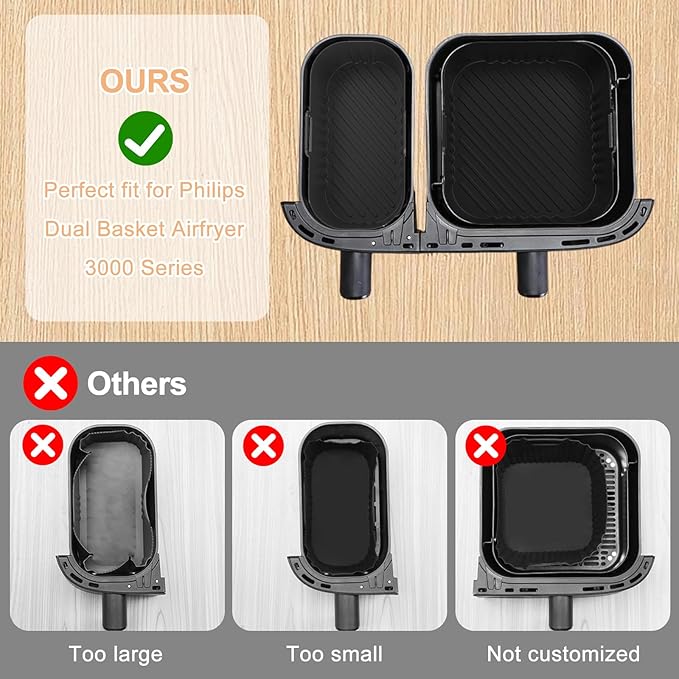 Air Fryer Silicone Liner for Philips Dual Basket Air Fryer 3000 Series 6L/3L,2-Pack Reusable Dual Airfryer Liners Accessories for Philips 9L 2-Drawer NA350/00