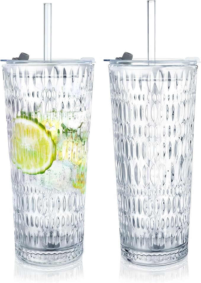 Puraville 2 Pack 18oz Glass Cups with Lids and Straws, Vintage Diamond Pattern Thickened Glassware for Whiskey Cocktail Beer, Mason Jar Drinking Glasses Tumbler Iced Coffee Cup, Clear