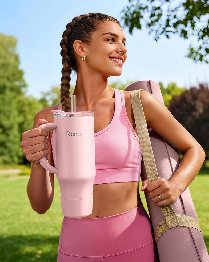Renoj Insulated Mug 100% Leak Proof Insulated Water Bottle for Iced Coffee & Hot Drinks - Fits Car Cup Holder, Ideal Gift, 2 Straws & Silicone Boot - SnapShift Light Pink 40 oz