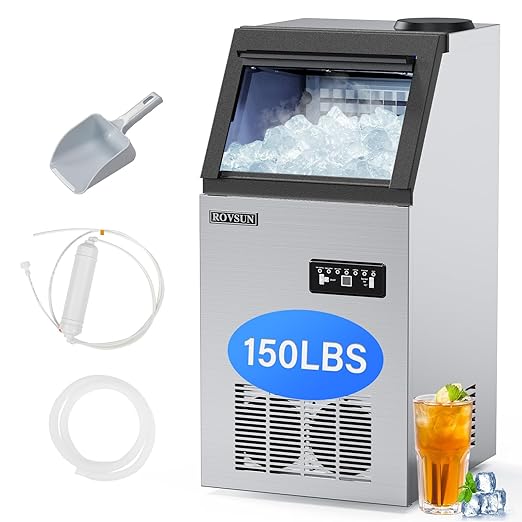 ROVSUN Stainless Steel Commercial Ice Maker Machine, Make 150lbs/24h, 24lbs Storage,Under Counter/Freestanding Automatic Ice Machine for Home Restaurant Bar Cafe