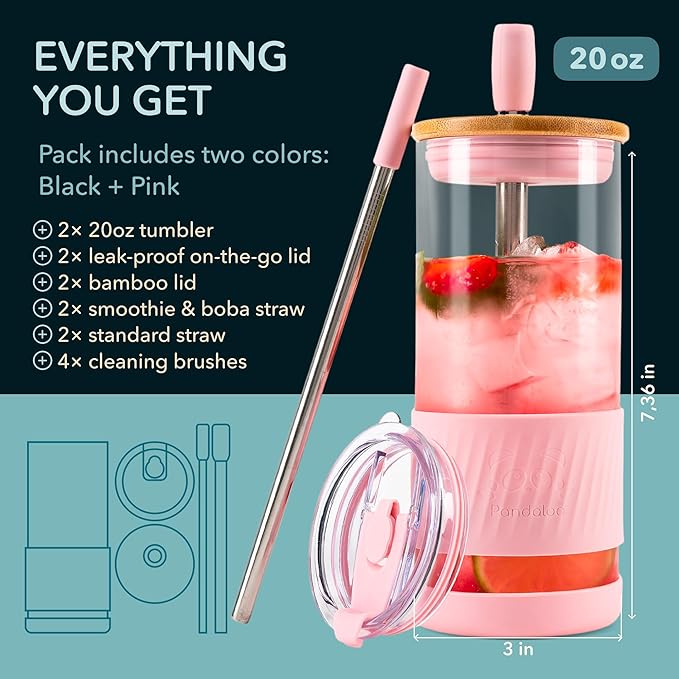 Pandaloo® Glass Cups With Lids and Straws -20 Fl Oz- Perfect Size Iced Coffee Cup - Smoothie Cup With Bamboo Lid and On the go Lid - Glass Tumbler (2 Count (Pack of 1), Black Saphir-Tender Pink)