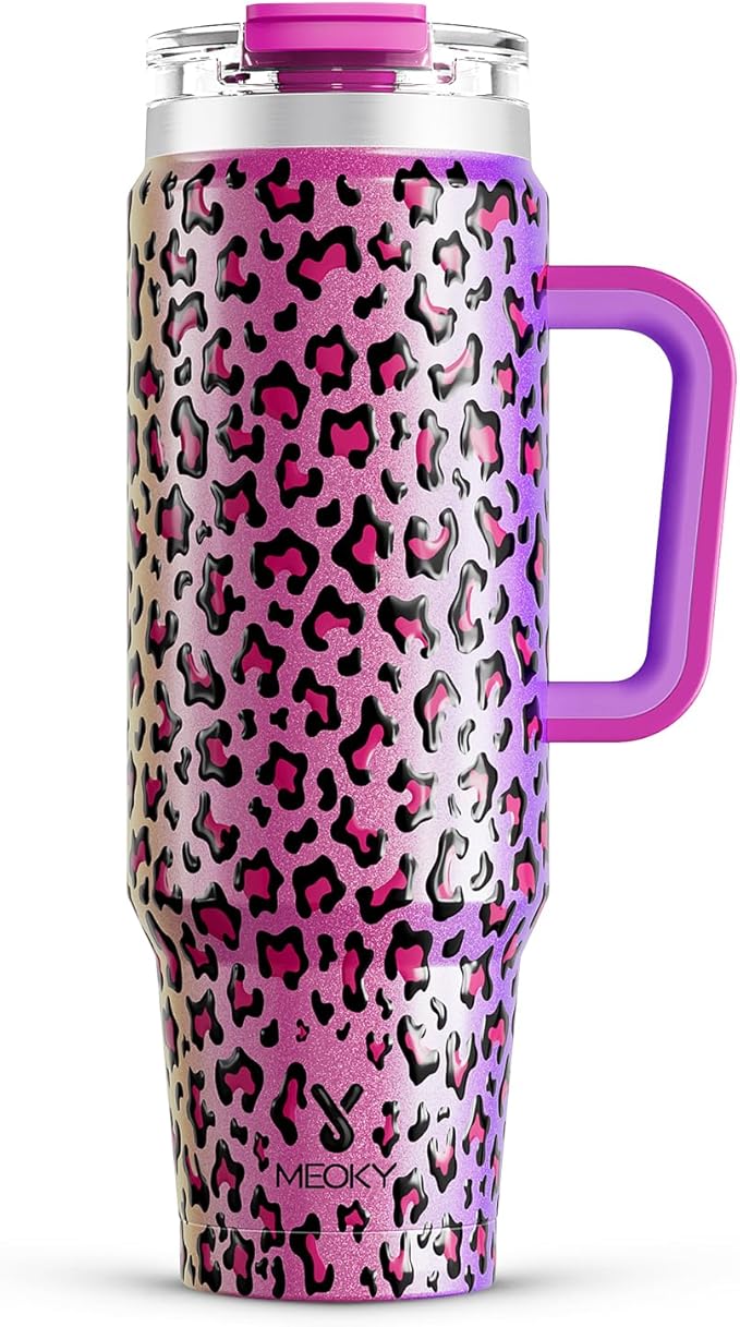 Meoky 40 oz Tumbler with Handle and Straw, Insulated Tumbler with Lid and Straw, Stainless Steel Travel Mug, Keeps Cold for 34 Hours, 100% Leak Proof, Fits in Car Cup Holder (Celebration)