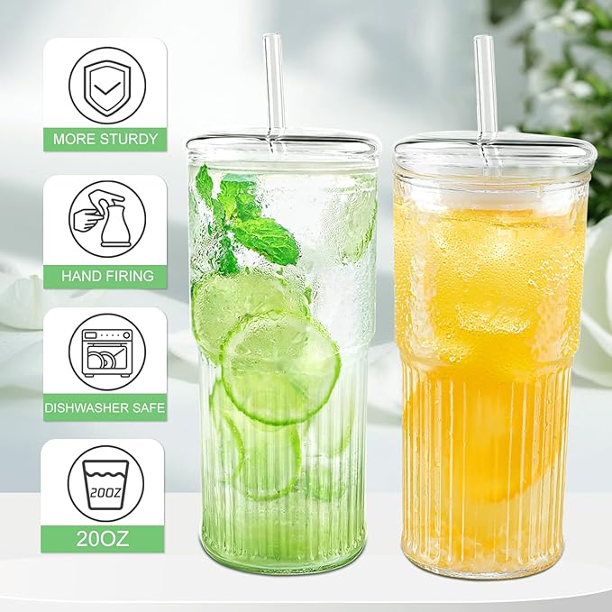 Luiaiog Glass Cups with Lids and Glass Straws, High Borosilicate 20OZ Tumblers (4Pcs) for Coffee, Tea, Juice, Smoothies, Hot/Cold Drinks at Home, Office
