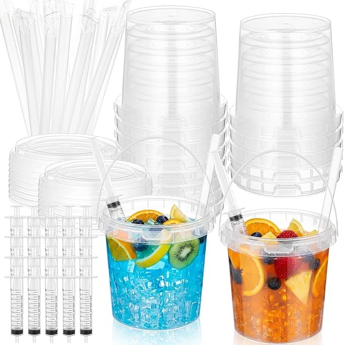 Willinglong 20 Set 50oz Clear Plastic Drink Buckets Rum Buckets for Drink with Straws, Lids and Beverage Syringes Reusable Iced Coffee Cups for Rum Wine Beer Cocktail Beverage Lemonades