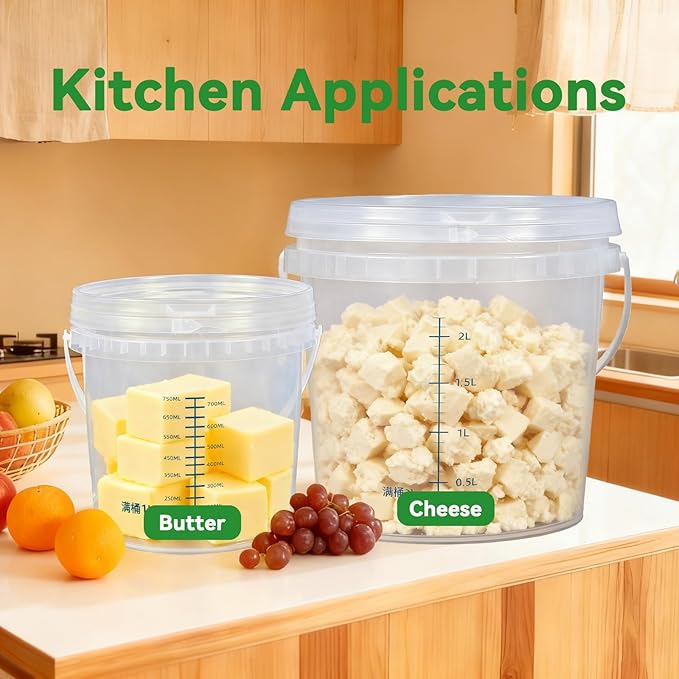 4 Pack 3 Quart Clear Plastic Buckets with Airtight Pressure Lids - Food Grade Storage Containers with Tear Strip & Blue Measurement Markings for Food, Soup, Freezer