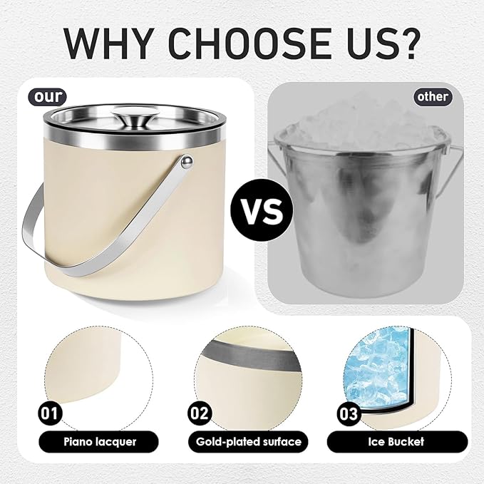 4L beige-white Double Wall Insulated Stainless Steel Ice Bucket with scoop for Cocktail Bar,Metal Ice Bucket for freezer with Lid for parties.ice Container to Keep Ice Colder,bar cart accessories