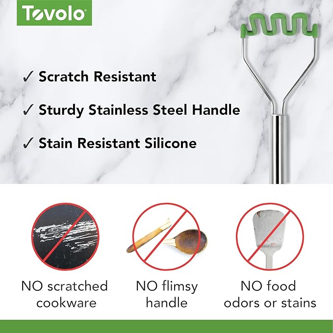 Tovolo Silicone Potato Masher Stainless Steel Handle Pesto Green Dishwasher Safe Heat Resistant Non Scratch Handheld Coil Wire Potato Smasher for Nonstick Pans Ergonomic Kitchen Food Prep Tool
