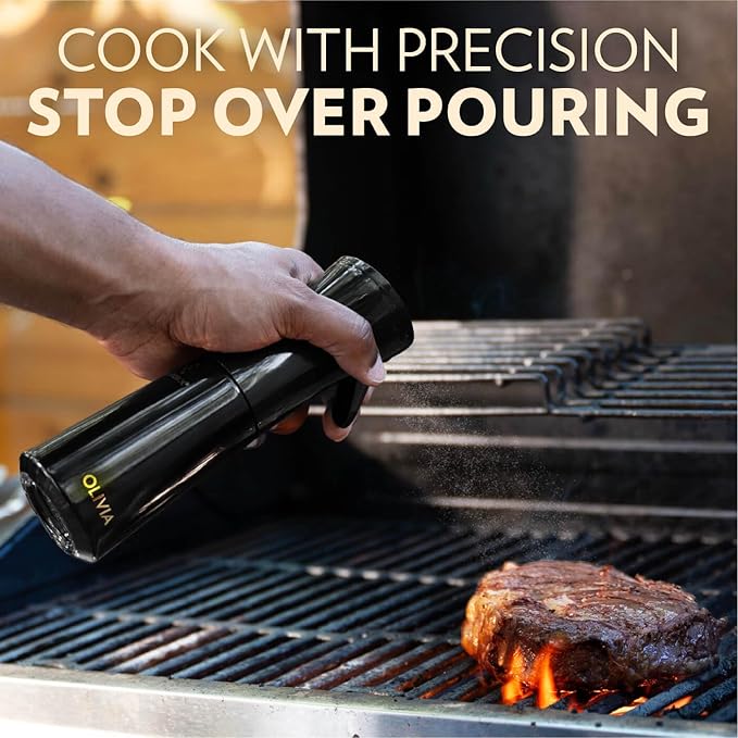 OLIVIA SIGNATURE The Original Advanced Kitchen Olive Oil Sprayer for Cooking, Flairosol Continuous Mist Dispenser with Portion Control, Reusable Glass Spray Bottle, Anti-Drip & Leakproof, Black 200 ml