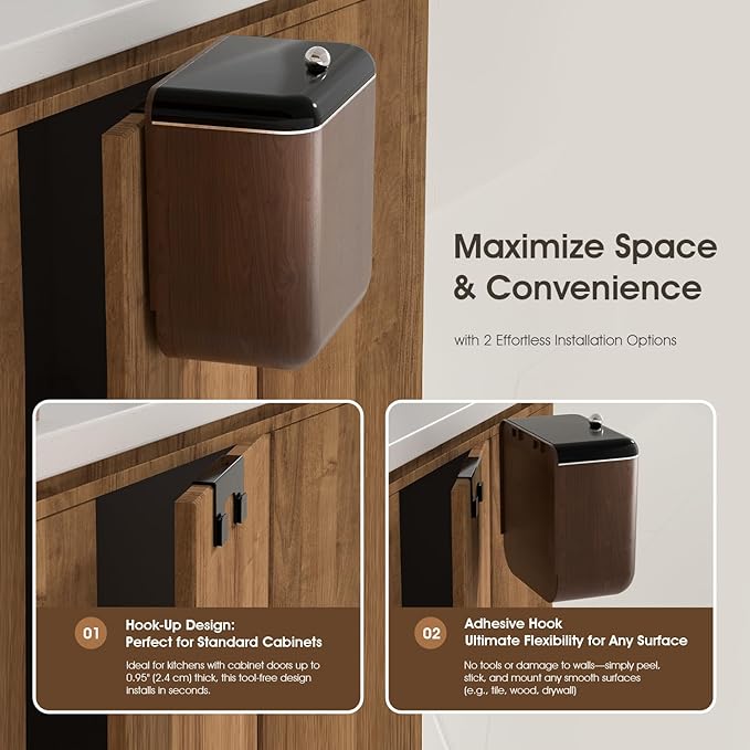 Large 3.2 Gallon Compost Bin, Under Sink Trash Can with Lid, Hanging Waste Cabinet for Office Kitchen Cupboard Bathroom Bedroom, Walnut Color