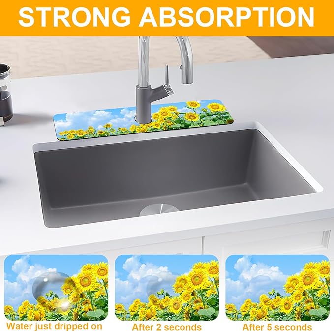 2 Pack Sunflower Field Sink Faucet Absorbing Mat Sunflowers Blooming Super Absorbent Fast Drying Mat Sink Gadgets Behind Faucet Sinkmat for Kitchen Bathroom, 23.5"x5.5"