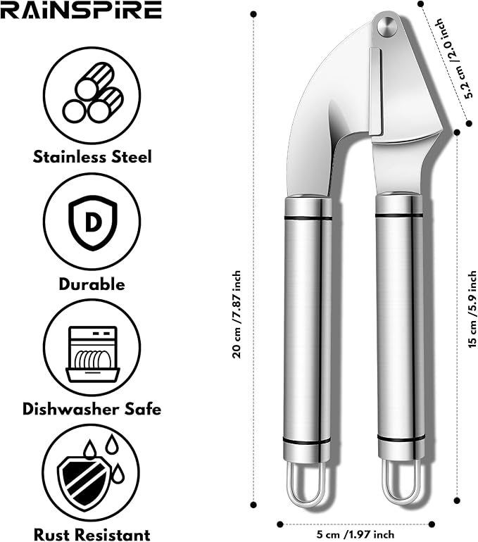 Rainspire Premium Garlic Press Stainless Steel, Garlic Mincer Tool, Garlic Crusher Tool, Garlic Smasher Garlic Masher Includes Silicone Garlic Peeler & Cleaning Brush, Dishwasher Safe (Silver)
