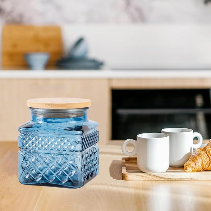 Glass Storage Jar Set of 2, Thick Glass Candy Jar for Coffee Bean, Cocoa Powder,Dog treats, Snacks Decorative Square Glass Jars with Airtight Lids, for Coffee Bar Kitchen Party Counter 20.3 FL OZ