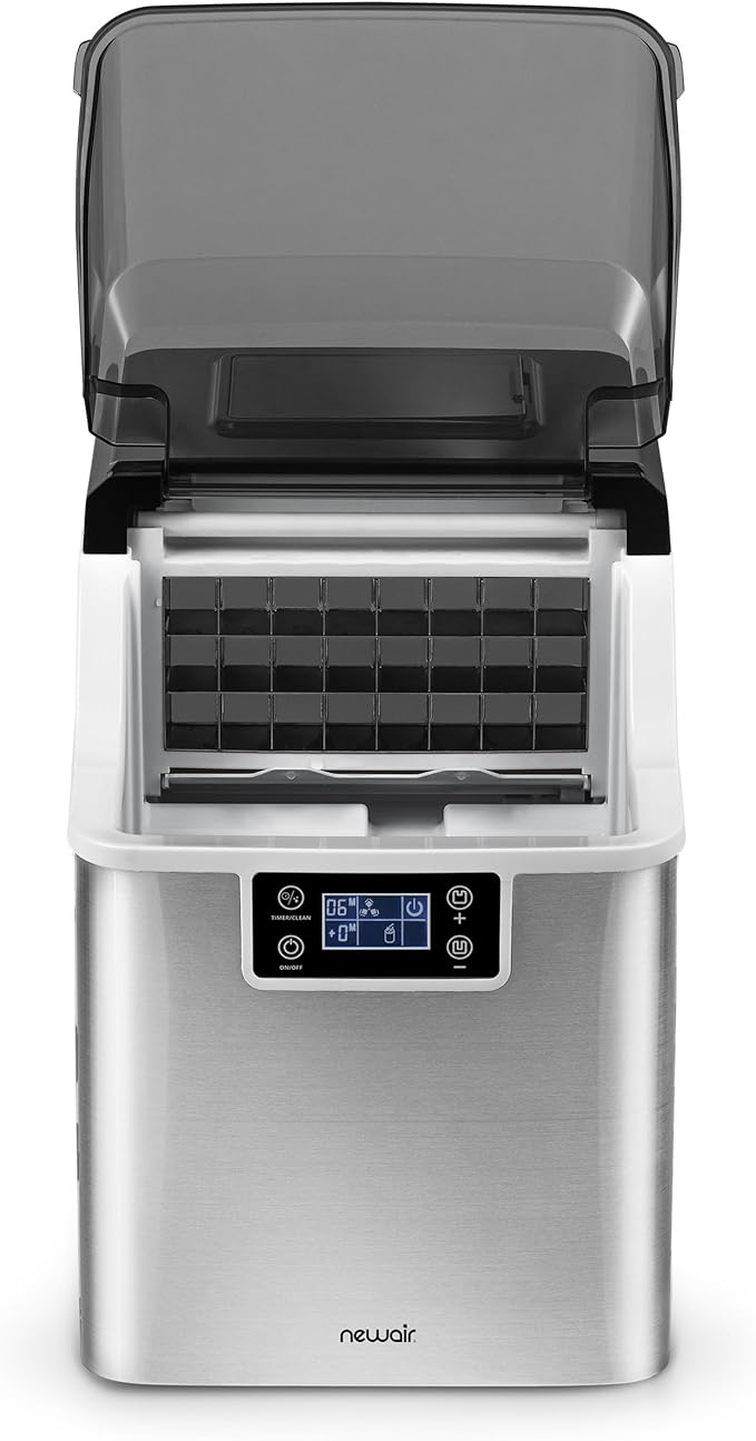 Newair Countertop Clear Ice Maker, 45lbs/Day Ice Cube Machine, Self-Cleaning Function and Custom Ice Thickness, Portable Ice Maker, 24H Timer, Ideal for Home Office and Outdoor Bar, Stainless Steel