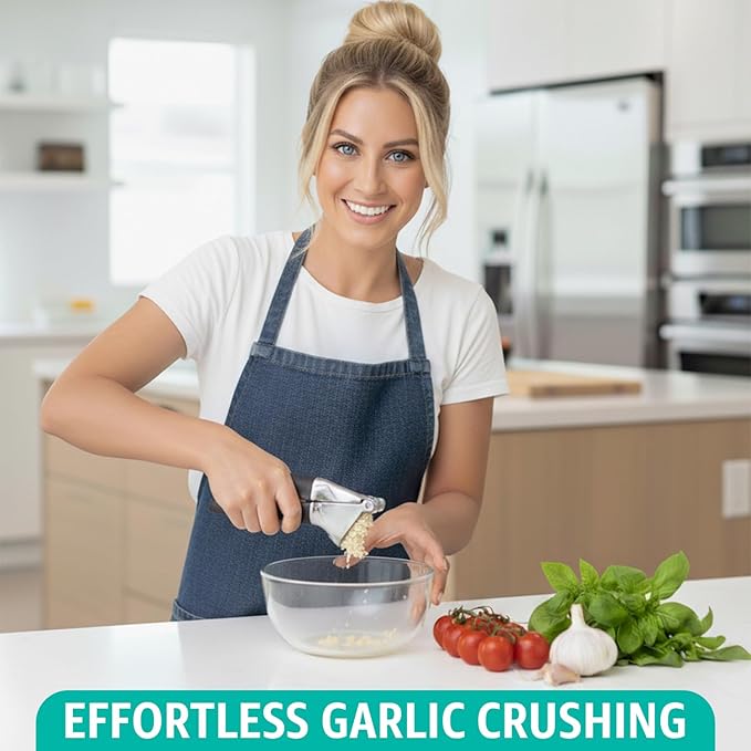 Garlic Press Set – Heavy Duty Rust-Resistant Garlic Crusher & Mincer with Ergonomic Handles, Easy Squeeze Manual Garlic Press, Cleaning Brush & Silicone Peeler, Large Chamber Kitchen Tool
