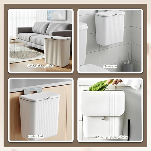 2.4 Gallon Kitchen Compost Bin for Counter Top Under Sink, Hanging Small Waste Basket Trash Can with Lid Wall Mounted Indoor Garbage Bucket for Cabinet Cupboard Bedroom Bathroom Office Camping