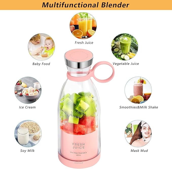 Personal Portable Blender, 350ml USB Rechargeable Smoothie Maker with Stainless Steel Blade, BPA-Free & Easy Clean, Compact Travel Cup for Gym, Office, Home - Pink