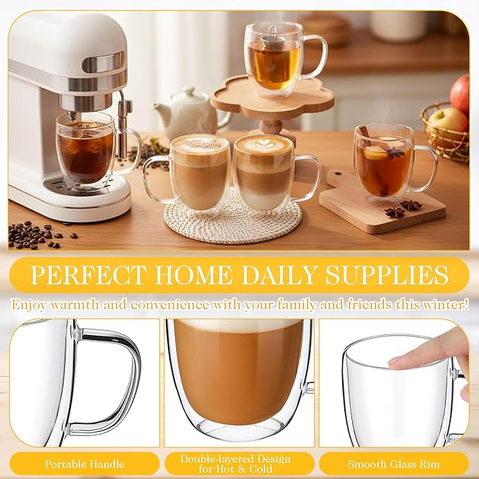 Patelai 6 Pcs 16oz Clear Glass Coffee Mugs Double Walled Coffee Cups Glasses Insulated Latte Mugs with Handle Espresso Clear Cups for Cappuccino Tea, Heat Resistant Glasses