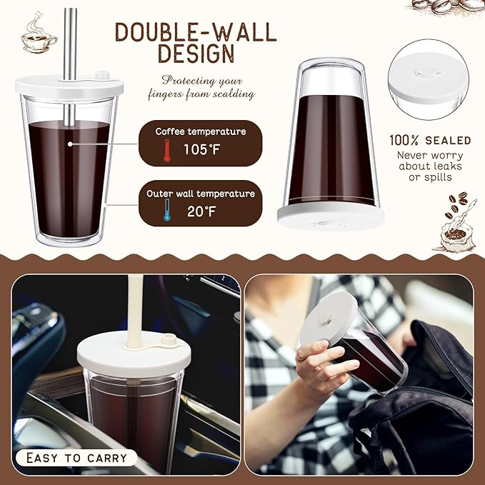 Honeydak 2 Pack 16 oz Reusable Iced Coffee Cups with Lids and Straws Leakproof Double Wall Insulated Clear Plastic Iced Coffee Tumblers with Straw Brushes