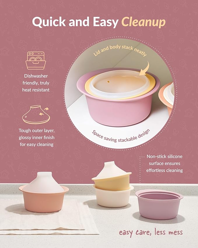 Moyuum Silicone Microwave Steamer | Made in Korea, Baby Food Maker Bowl with Lid, Egg and Vegetable Steam Cooker, Japanese Donabe Inspired Cooking Pot, Dishwasher Safe (Small, Oatmeal)