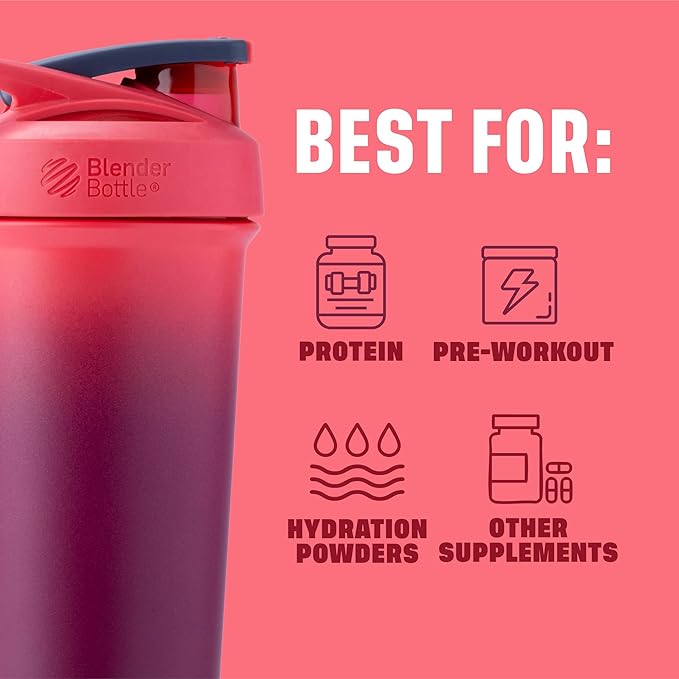 BlenderBottle Sport Sleek Insulated Stainless Steel Shaker Bottle with Wire Whisk, 25-Ounce, Sangria Ombre – Protein Shakes & Hydration for Athletes & Fitness Enthusiasts, Easy Mixing, Lockable Lid