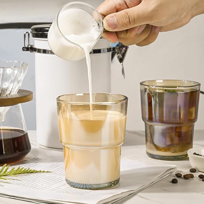 13oz Reusable Iced Coffee Tumbler with Lids,Clear Tumbler Water Glass,2 Pack Glass Cups with Straw and Lid,Glass to go Coffee Cup for Drinking Matcha, Water, and Juice(Amber