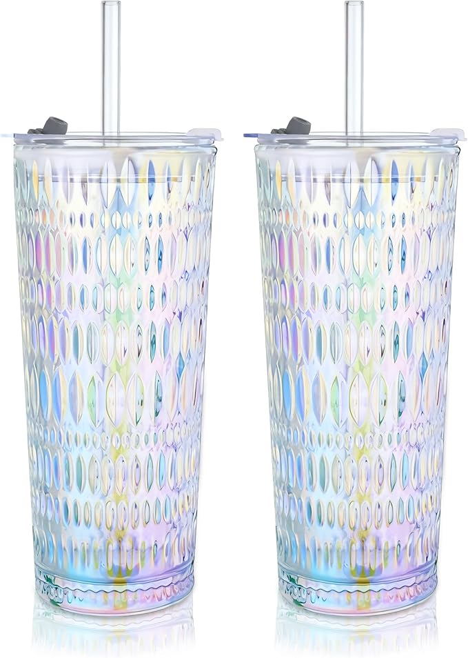 Puraville 2 Pack 18oz Glass Cups with Lids and Straws, Vintage Diamond Pattern Thickened Glassware for Whiskey Cocktail Beer, Mason Jar Drinking Glasses Tumbler Iced Coffee Cup, Rainbow