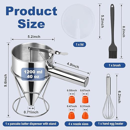 Pancake Batter Dispenser,40oz Stainless Steel Funnel Cake Dispenser,with Lids,Stand,4 Silicone Nozzles,Brush,Egg Beater,Easy Control Batter Dispenser for Pancakes,Cupcakes, Funnel Cakes,Muffins & More