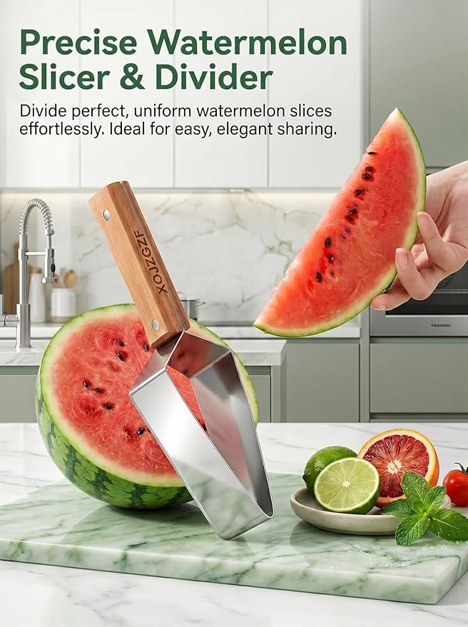 Triangle Watermelon Cutter, Stainless Steel with Wooden Handle - Melon Slicer, Fruit, Pineapple Fork Knife Gadgets Tool, Cantaloupe Peeler Cutting Summer Cut, for Kitchen Home Camping Picnic(2PCS)