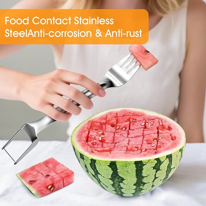 1 PCS Stainless Steel Watermelon Slicer and Fork - 2-in-1 Portable Kitchen Tool for Home Camping and Parties