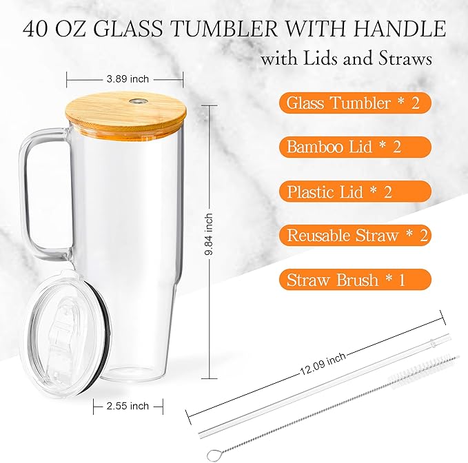 40 oz Glass Cups with Lids and Straws 2 Pack Large Glass Tumbler with Handle Borosilicate Ice Coffee Cups, with Bamboo Lid & Plastic Lid, for Boba, Smoothies, Beer, Juice