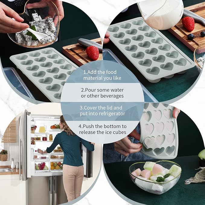 Heart Shape Ice Cube Tray, 21 Holes Silicone Ice Cube Mold with Removable Lid Flexible for Whiskey Cocktail Chocolate (Gray)