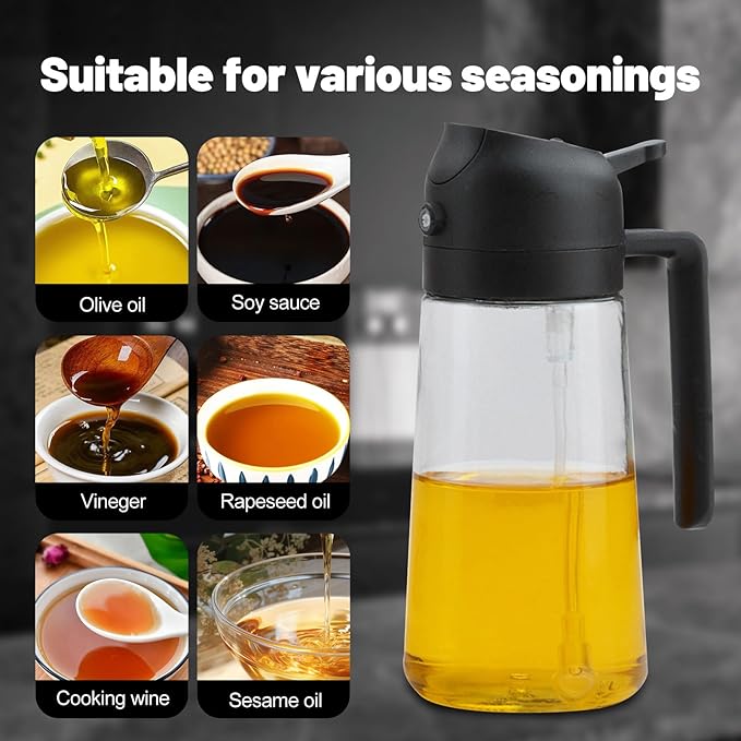 2 In 1 Oil Dispenser And Oil Sprayer, 16 Oz/470 Ml Oil Dispenser For Kitchen Spray, With Fine Mist Nozzle, Suitable For Cooking, Air Fryer, Salad, Grilling(black)