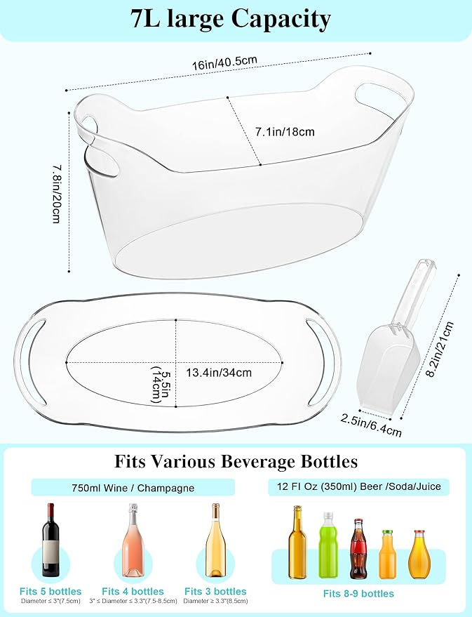 HOYTST 7L Ice Buckets for Parties, 2-Pack Clear Acrylic Champagne Bucket, Large Beverage Tub with Scoop, Portable Cooler Barrel for Cocktail, Beer, Wine Drinks, Mimosa Bar Supplies