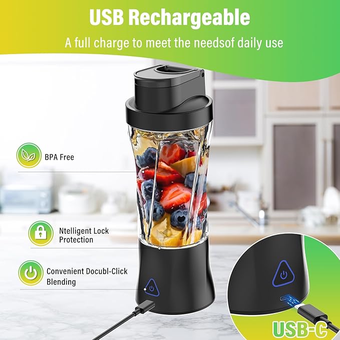 Portable Blender, 360 Watt Personal Blender for Shakes and Smoothies, 6000mAh USB Rechargeable, BPA Free 24 Oz Juicer Cup with 6 Blades and Lid, Self Cleaning Portable Juicer for Kitchen, Deep Black