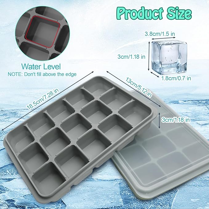 2 Pcs Easy Release Ice Cube Trays, Snow Gray Flexible Silicone Ice Cube Molds Removable Lid Stackable for Whiskey, Beverages, Baby Food (15 cubes 0.7oz)