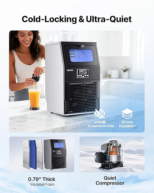 VEVOR Commercial Ice Maker Machine, 90 lbs/24h with 12Lbs Storage, 2 Water Inlet Modes, Stainless Steel Freestanding & Countertop Ice Maker with LED Display & Self-Cleaning, for Home Bar Restaurant