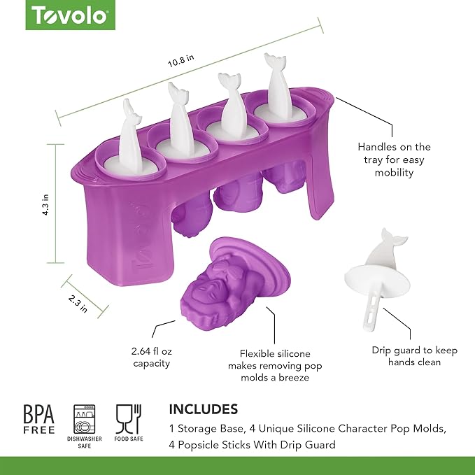 Tovolo Mermaid Popsicle Mold Silicone Ice Pop Mold with Sticks for Kids Set of 4, Homemade Frozen Treat Popsicle Molds BPA Free Dishwasher Safe Mermaid Snacks Popsicle Maker with Drip Guard