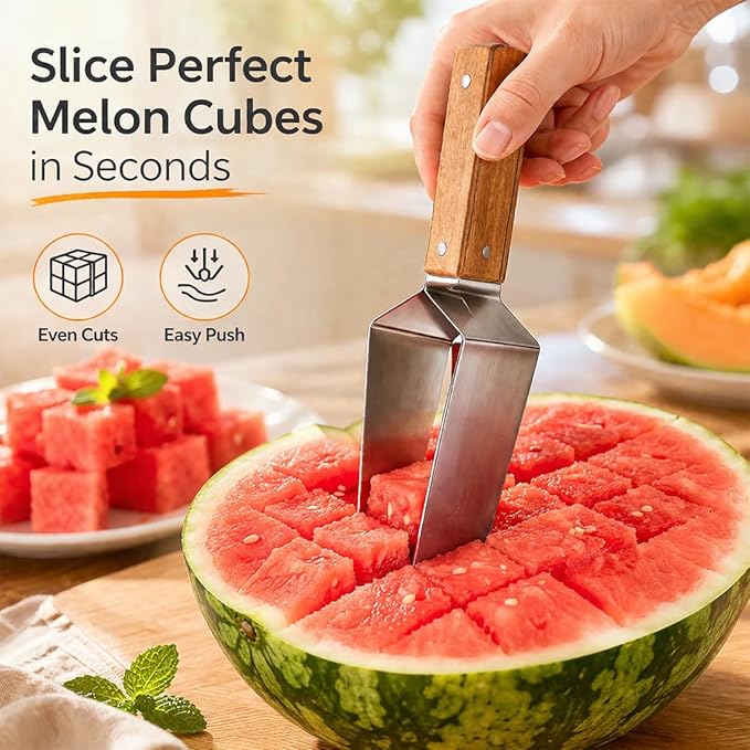 2026 Stainless Steel Watermelon Slicer, Triangle Watermelon Cutter, Stainless Steel with Wooden Handle for A Wide Variety Watermelon, Cantaloupe, Honeydew,and More (1PC)
