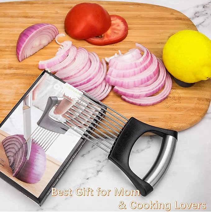 ESINAM Premium Vegetable Slicer Holder, Sharp Stainless Steel Food Slicer Assistant Tool for Potato, Tomato, Fruit, Lemon and Meat