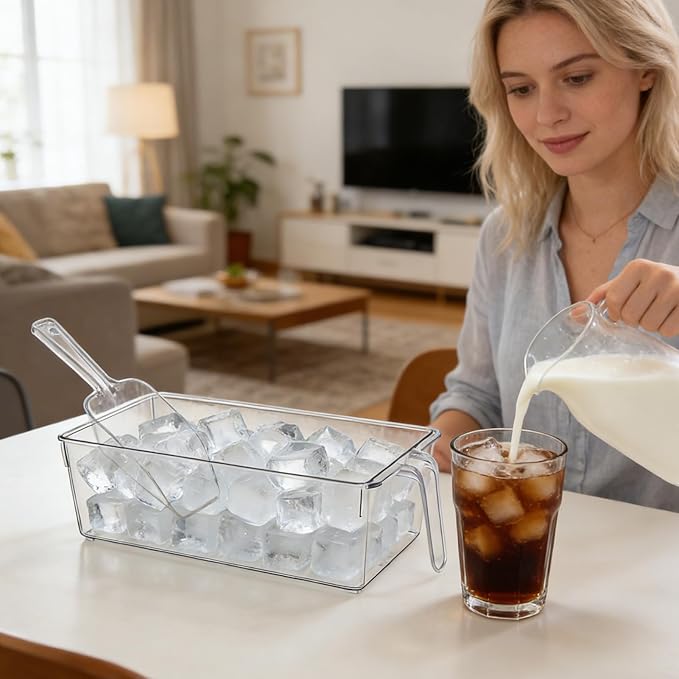 CIEOVO 2 Set Ice Bin for Freezer with Lid and 2 Scoop Set Plastic Freezer Ice Bin with Pull-Out Handle Clear Storage Bucket Kitchen Food Storage Organizer for Home Office Fridge Kitchen