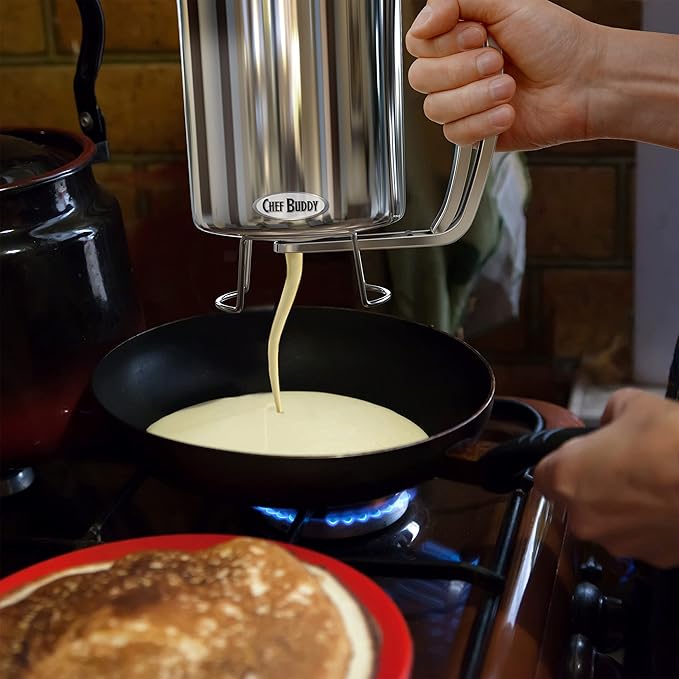 Classic Cuisine Pancake Batter Gourmet Stainless-Steel Pourer-Perfect for Baking Cupcakes, Waffles, Cakes, and Muffins-No Drip Dispenser, 4.25" x 6.25" x 5", Silver,265349MKK