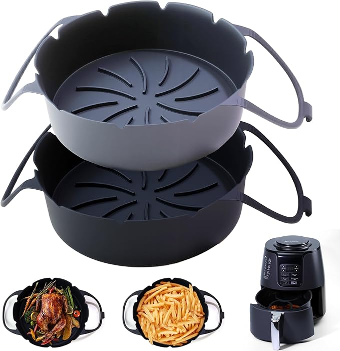 2 Pack Round Silicone Air Fryer Liners, Thickened Reusable Basket Liners with Extended Snap-on Handle, Compatible with Ninja AF101/AF150/AF141/AF161 4-5.5QT Air Fryers,Air Fryer Accessories