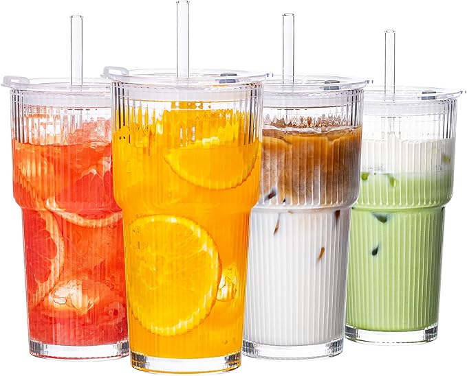 Glass Cups with Lids and Straws 4 Pack, 20oz Ribbed Glass Cups, Leak Resistant Iced Coffee Tumblers, Thick Reusable Drinking Glasses, Fits Car Cup Holder, Clear Coffee Bar Accessories