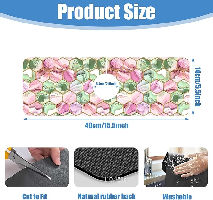 Sink Splash Guard Faucet Mat Abstract Pink and Green Hexagon Texture Absorbent Fast Drying Mat Sink Gadgets Splash Guard Behind Faucet Drip Catcher for Kitchen Bathroom 15.5"X5.5"