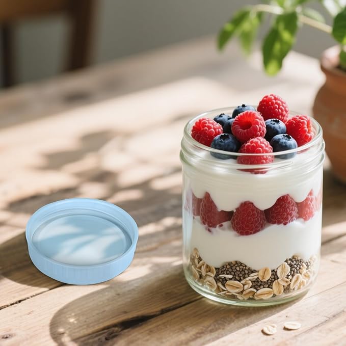 SHOWIN Overnight Oats Containers with Lids, 16oz Glass Jars with Lids 2 pcs, Light Blue, Wide Mouth Mason jars for Salad, Yogurt, Snacks, Meal Prep