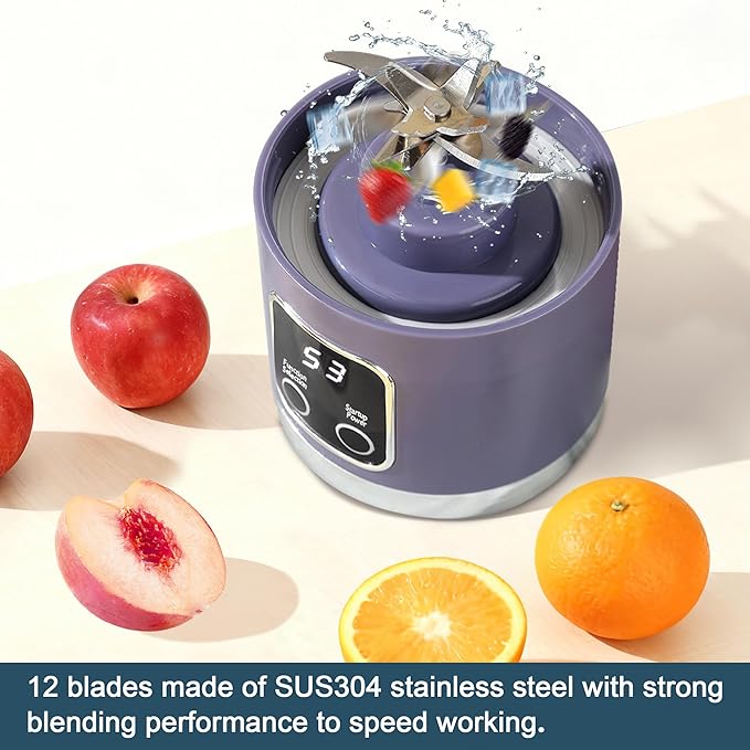 Portable blender,USB-C rechargeable,Personal compact travel juicer cup15OZ for Shakes, Smoothies,Fresh juice,Self-cleaning,Leakproof lid, Smart time display,12 blades,with strong blending Purple